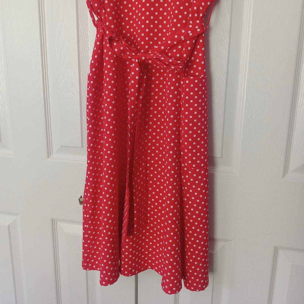 Polka Dot Dress Red A Line Button Up V Neck Midi Ties Large - Picture 6 of 8